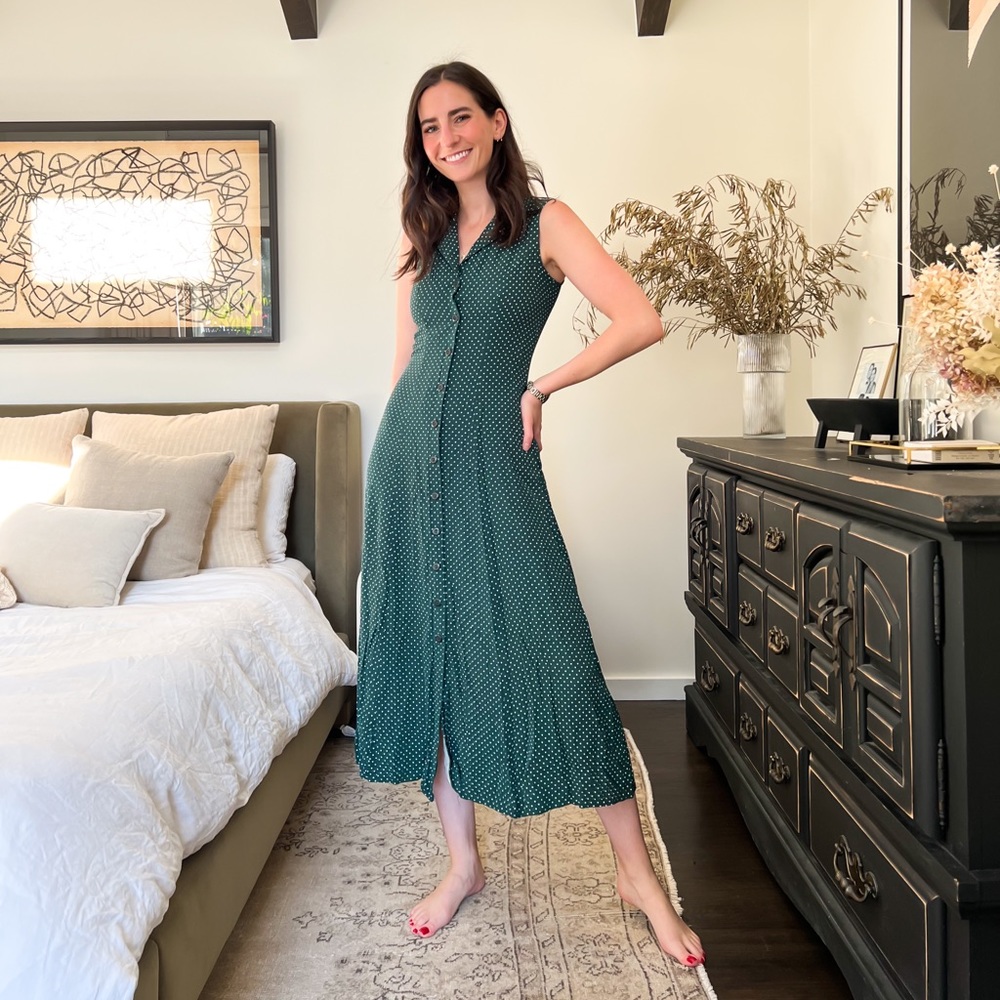 Green and white polka dot midi dress from Reformation Vintage